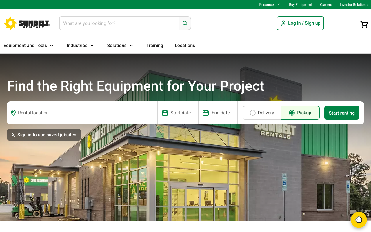 Screenshot of the Sunbelt Rentals live site